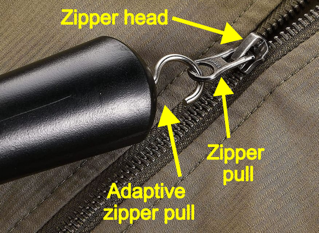 An illustration of a zipper pull and an adaptive zipper pull with a hook and large handle for grasping. Each has a yellow arrow and label. The zipper head is also labeled.
