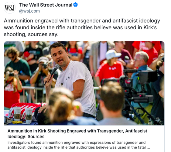 Screen shot of a Wall Street Journal social media post showing the story article with the inflammatory article with misinformation.