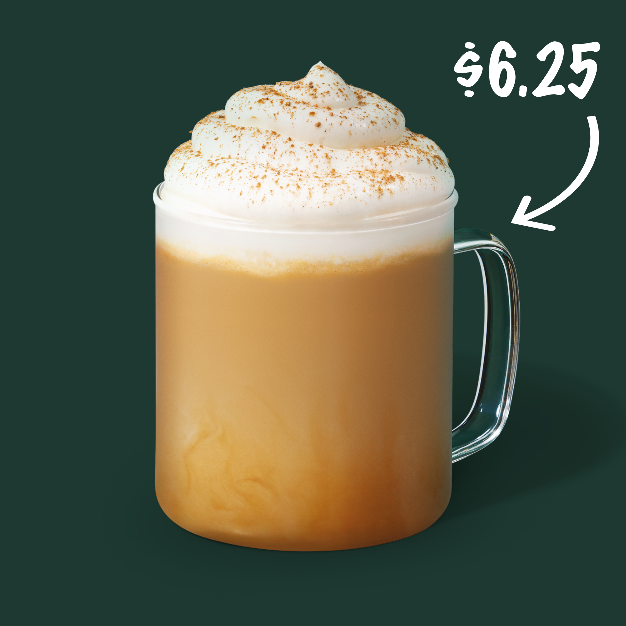 A pumpkin spice latte against a green background with a the price $6.25 written to the right of it and an arrow pointing at the mug